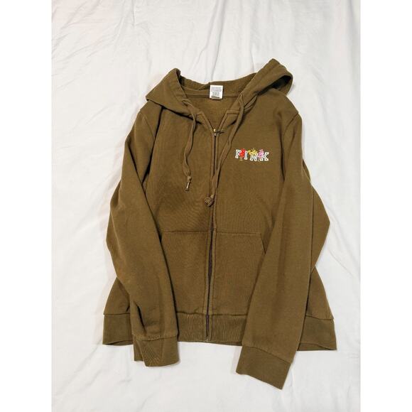 PINK VS Womens Full Zip Up Hoodie Olive Army Green with Flowers XL - Picture 1 of 7